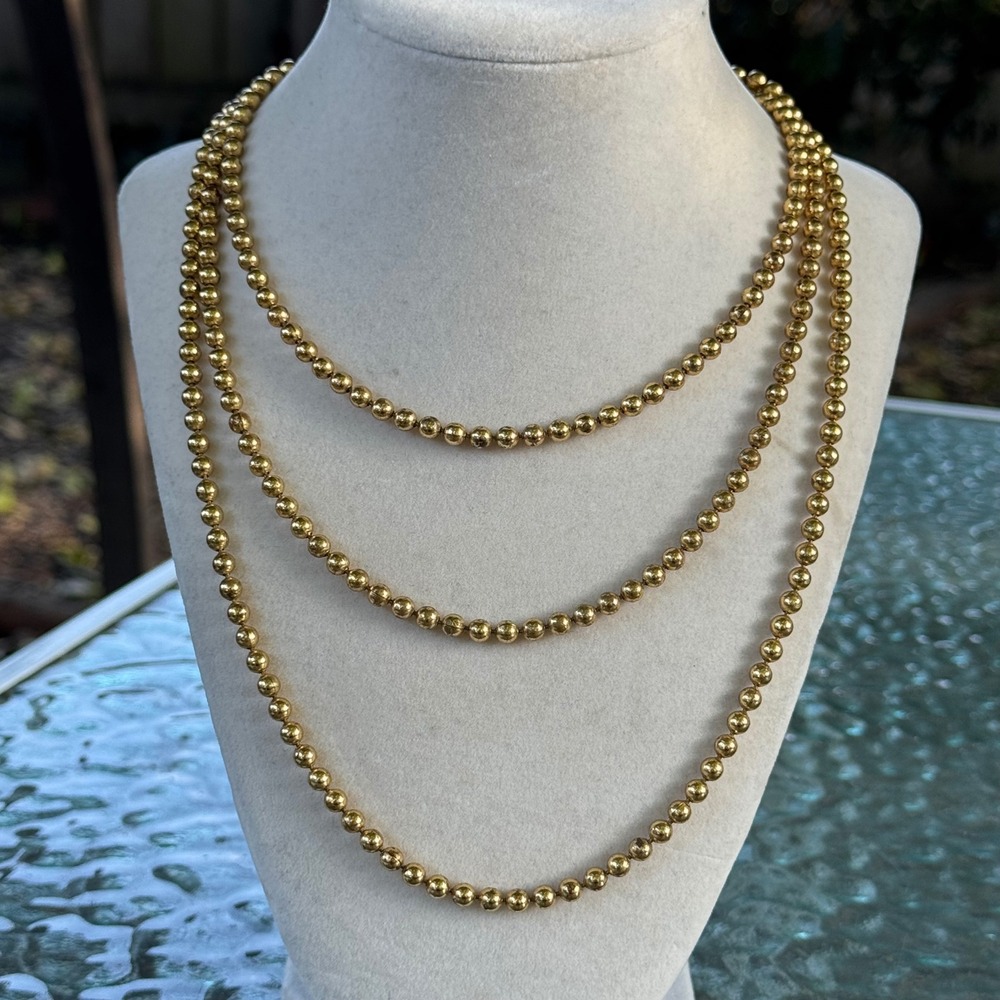 Vintage Gold Tone Bead Necklace Long Heavy Layering Strand Spring Ring Clasp 26"